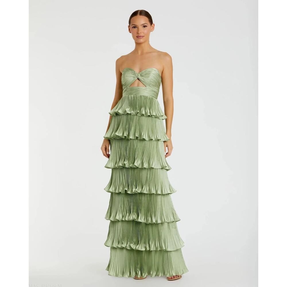NWT IEENA FOR MAC DUGGAL Green Pleated Charmeuse Strapless Tiered Ruffle Gown